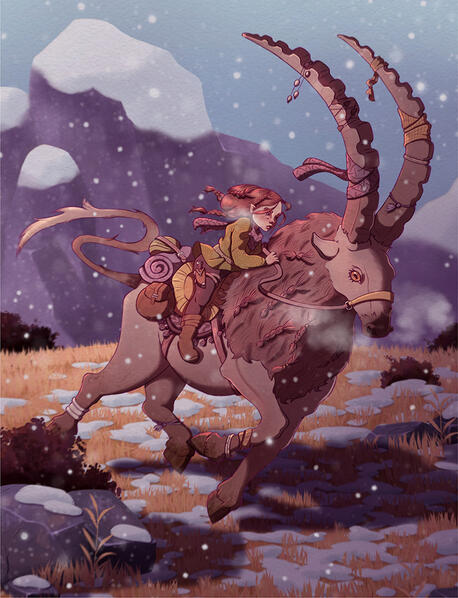 Fantasy illustration of a young elf riding a large ibex