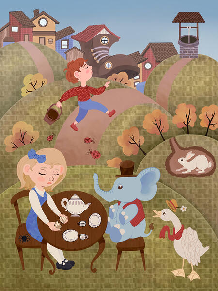 Illustration showing various characters from Mother Goose nursery rhymes